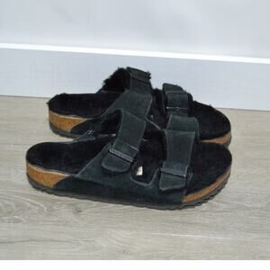 Birkenstock Arizona Woman's Black Suede Shearling LIned Sandals Size 39 US 8-8.5